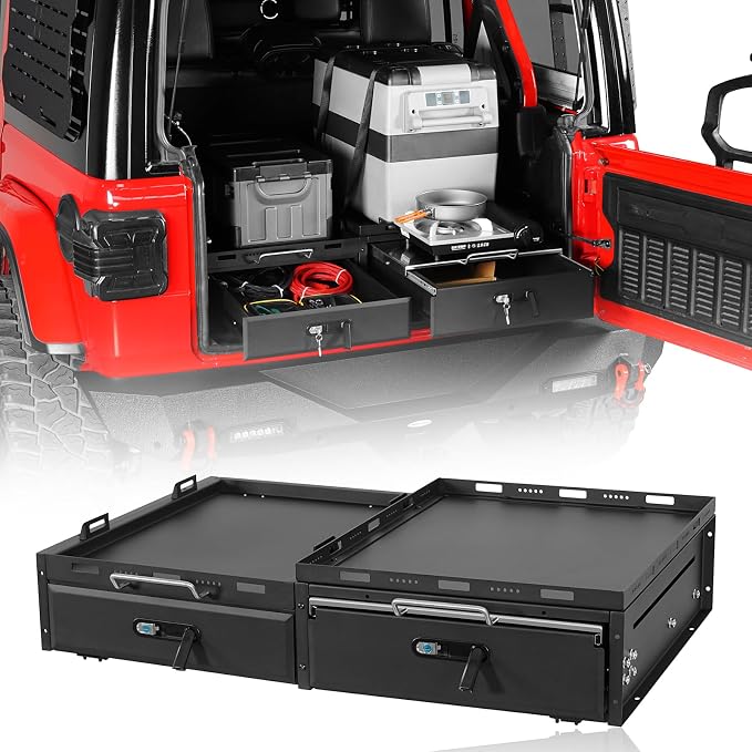 Hooke Road JK JL Trunk Drawer System w/Fridge Slide Mount for 2007-2026 Jeep Wrangler JK JL 4-Door, Tailgate Lockable Tool Box Cargo Storage Organizer