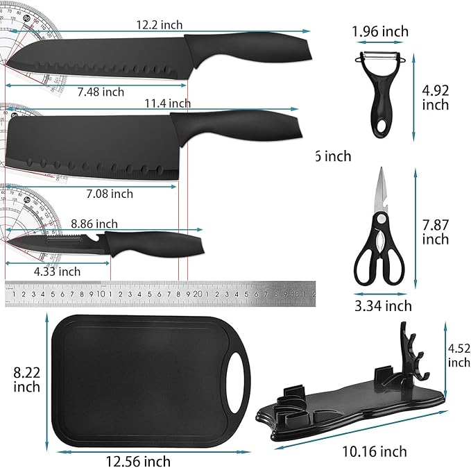 Magicorange 7-Piece Kitchen Knife Set - 5 Black Stainless Steel Knives with Sheaths, Cutting Board, and a Knife Block- Stainless Steel Kitchen Knives with PP Ergonomic Handle (Matte Black)