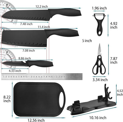 Magicorange 7-Piece Kitchen Knife Set - 5 Black Stainless Steel Knives with Sheaths, Cutting Board, and a Knife Block- Stainless Steel Kitchen Knives with PP Ergonomic Handle (Matte Black)