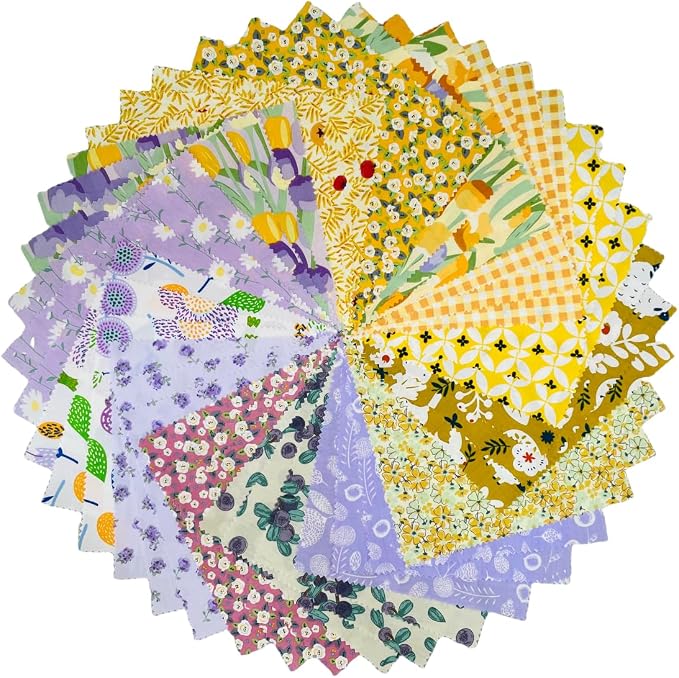 42-8" Precut Quilt Cotton Fabric Squares for Quilting Clearance Sewing DIY Project Floral Fabric Squares (Purple Yellow)
