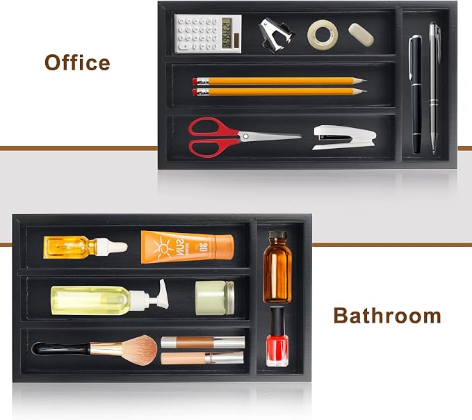 Small Silverware Organizer Narrow Wooden Cutlery Tray 12"x6.7" Spoon Kitchen Utensil Holder for Drawer Divider Bamboo Cutlery Drawer Organizers Storage Black Wood Silverware Tray Flatware Organizer