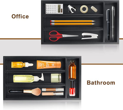 Small Silverware Organizer Narrow Wooden Cutlery Tray 12"x6.7" Spoon Kitchen Utensil Holder for Drawer Divider Bamboo Cutlery Drawer Organizers Storage Black Wood Silverware Tray Flatware Organizer