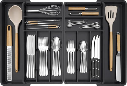 Lifewit Silverware Drawer Organizer, Expandable BPA Free Plastic Utensil Tray for Kitchen, Adjustable Flatware Cutlery Holder for Spoons Forks Knives, 18- 28 x 16.7", Black