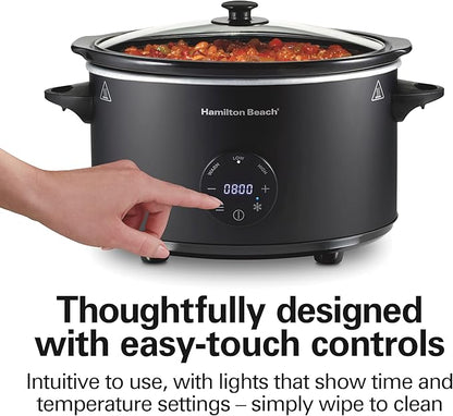 Hamilton Beach 6 Quart Set & Forget Programmable Slow Cooker with Defrost Function, Flexible Programming, Adjustable Countdown Timer, Large Dishwasher Safe Stoneware Crock and Glass Lid, Black (33765)
