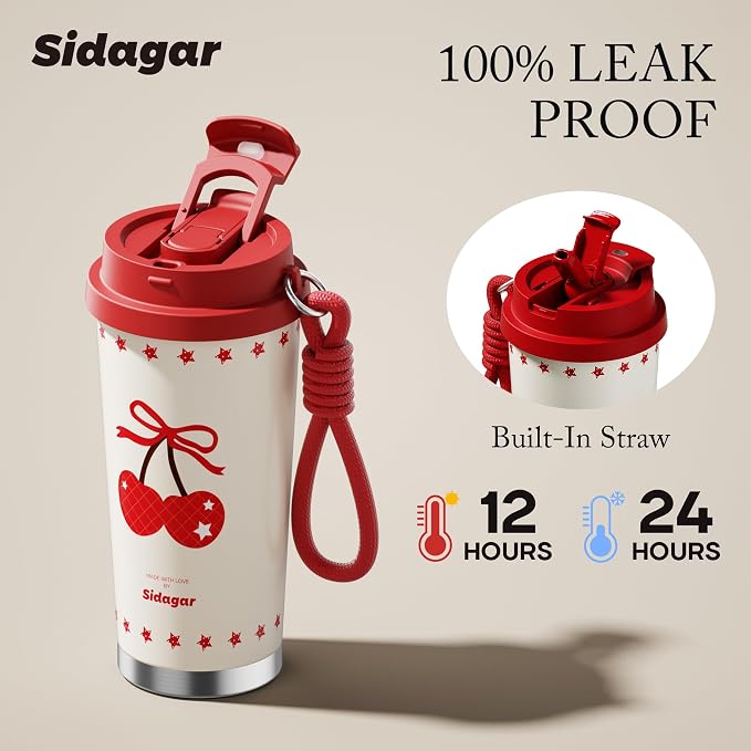 Insulated Travel Coffee Mug,18 oz Stainless Steel Coffee Tumbler with Flip Straw, Double Wall Thermal Cup with Leak Proof Lid,Reusable Ceramic Water Bottle for Office, Cherry