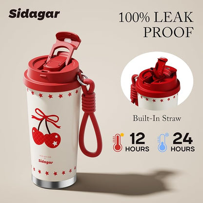 Insulated Travel Coffee Mug,18 oz Stainless Steel Coffee Tumbler with Flip Straw, Double Wall Thermal Cup with Leak Proof Lid,Reusable Ceramic Water Bottle for Office, Cherry