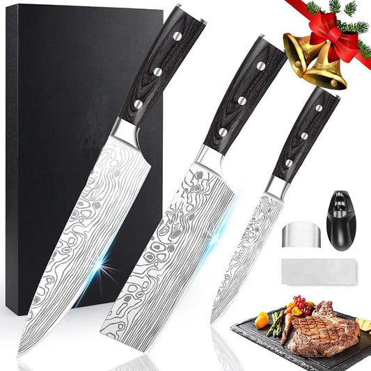 Professional Chef Knife Set,3pcs Kitchen Knife Set, High Carbon Stainless Steel Knives Set with Finger Protection, Knife Sharpener,Meat Cleaver and Vegetable