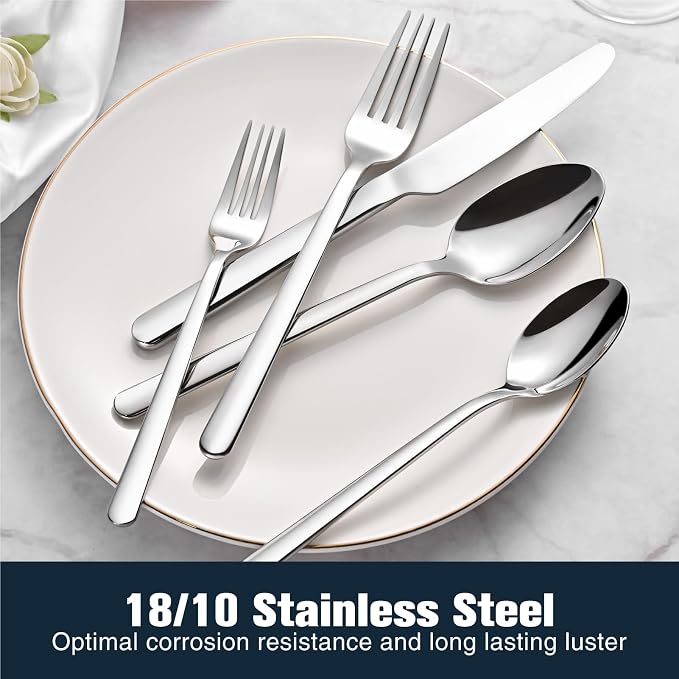 KINGSTONE Forged 40-Piece Silverware Set 18/10 Stainless Steel Flatware Utensils Set for 8, Mirror Finish,Dishwasher Safe (Silver)