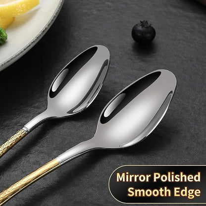 Lemeya Hammered Silver Gold Silverware Set,30 Piece Modern Flatware Set Service for 6,Mirror Polished Stainless Steel Cutlery Set Utensil Set,Kitchen Knives Forks Spoons Set,Dishwasher Safe