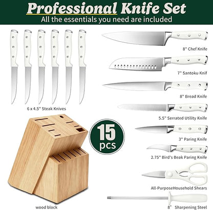 Knife Set, 15 Piece Premium Chef High Carbon Stainless Steel Kitchen Knife Block Set, Razor-sharp, Ergonomic Forged Triple Rivet Handle, Professional Knife Set for Kitchen, Dishwasher Safe(White)