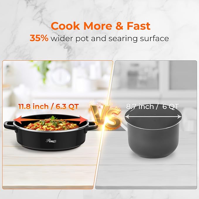 Rosewill 12.7 QT Electric Hot Pot Slow Cooker with Multiple Functions, Split Design with 11.8 inch Wider Cooking Pot and SUS Steam Basket, 1600W High Power, Includes Utensils - Black