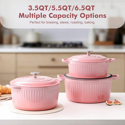SENSARTE Enameled Cast Iron Dutch Oven Pot with Lid 3.5/5.5/6.5 Quart Heavy-Duty Round Dual Handles Kitchen Pot with Cotton Potholders & Silicone Trivet, Pot for Bread Baking, Stews, Braising, Roasting, Oven Safe, 6.5 Quart, Pink