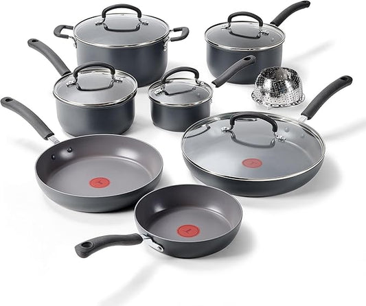 T-Fal Ultimate Hard Anodized Nonstick 13 Piece Cookware Set, Oven Safe Up to 400°F, Pots and Pans Set, Includes Frying Pans, Saucepan, Stockpot, Cooking Utensils, Stone