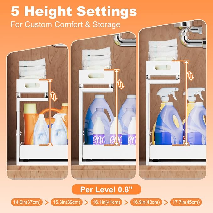 Upgrade 1 Pack Expandable Under Sink Organizers and Storage, 2 Tier Metal Pull Out Cabinet Organizer with 3 Slide Rails, Adjustable Height Slide Out Under Sink Drawers for Kitchen Bathroom Pantry