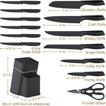 Kitchen Knife Set with Block - 15 Pieces Knife Sets with Built-in Sharpener, Dishwasher Safe, Stainless Steel Blades Kitchen Knives