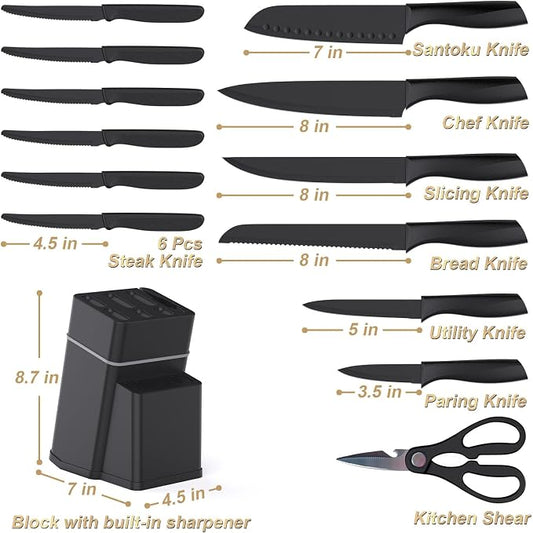 Kitchen Knife Set with Block - 15 Pieces Knife Sets with Built-in Sharpener, Dishwasher Safe, Stainless Steel Blades Kitchen Knives