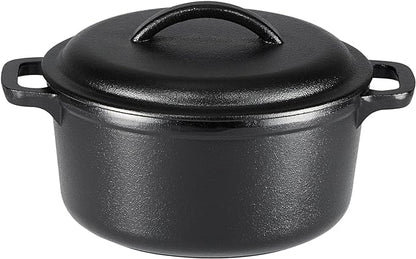 Amazon Basics Pre-Seasoned Cast Iron Mini Dutch Oven Pot with Lid and Dual Handles, Oven Safe, 2-Quart, Round, Black