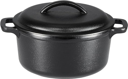 Amazon Basics Pre-Seasoned Cast Iron Mini Dutch Oven Pot with Lid and Dual Handles, Oven Safe, 2-Quart, Round, Black