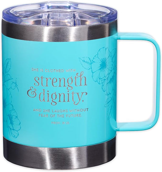 Christian Art Gifts Stainless Steel Double Wall Vacuum Insulated Camp Style Travel Mug 11 oz Floral Teal Coffee Mug with Lid and Handle for Women - Strength and Dignity - Proverbs 31:25