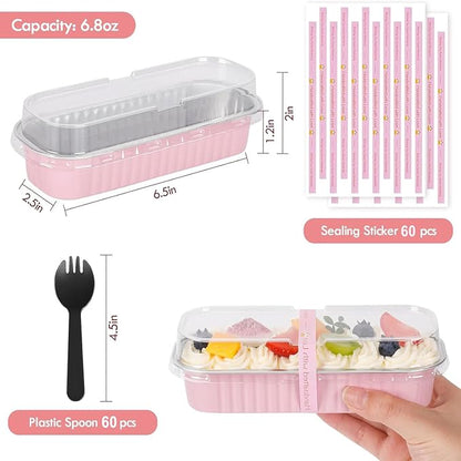 YQER 60 Pack Mini Cake Pans with Lids and Spoons, 6.8 oz Pink Disposable Aluminum Foil Mini Loaf Pans with Stickers, Individual Small Dessert Cake Tins Containers for Baby Showers, Birthdays, Gifts