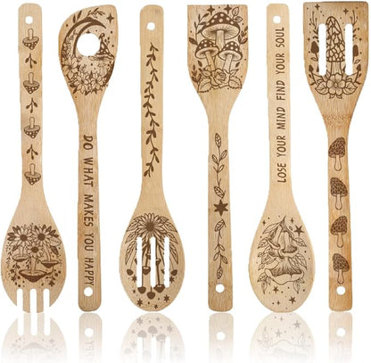 6Pcs 6 Styles Mushroom Cooking Utensils Bamboo Kitchen Spoons 2.4 x 11.8 Inch Moon Star Flower Durable Wooden Spoon Set for Men Women Housewarming Birthday Decor Gift Apartment Essential