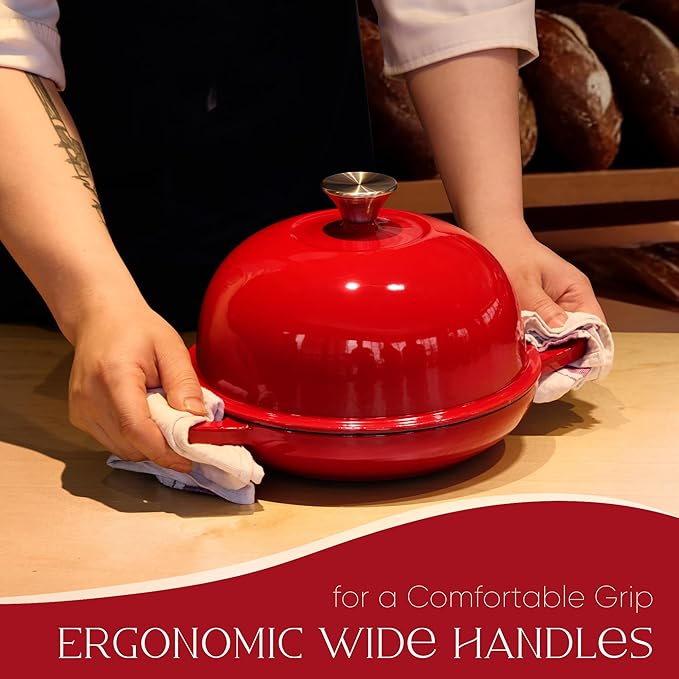 CAROTE Enameled Cast Iron Bread Dutch Oven, Round Bread Oven Pot with Dome Lid for Homemade Sourdough Bread Baking, Healthy & Non-Toxic, Dual Handles, All Stovetop Compatible, Oven Safe up to 500° F, 5 Quarts, 9 Inches, Red