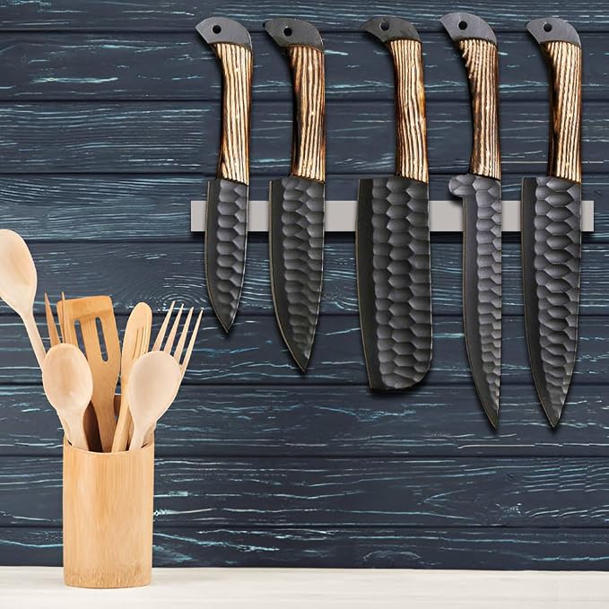 LEONA CRAFT® Hand-Forged Chef Knife Set | Hammered Steel Kitchen Knives with Full-Tang Wood Handles | Professional Cooking Tools for Home or Restaurant | 5-Piece Set with Leather Roll(017)