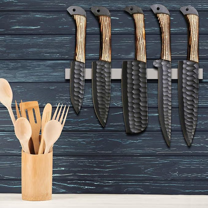 LEONA CRAFT® Hand-Forged Chef Knife Set | Hammered Steel Kitchen Knives with Full-Tang Wood Handles | Professional Cooking Tools for Home or Restaurant | 5-Piece Set with Leather Roll(017)