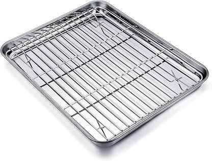 TeamFar Baking Tray and Rack Set, Stainless Steel Baking Pan Cookie Sheet with Cooling Rack, 12.5 x 9.5 x 1 inch, Non Toxic & Healthy, Easy Clean & Dishwasher Safe