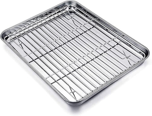 TeamFar Baking Tray and Rack Set, Stainless Steel Baking Pan Cookie Sheet with Cooling Rack, 12.5 x 9.5 x 1 inch, Non Toxic & Healthy, Easy Clean & Dishwasher Safe
