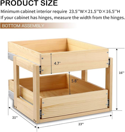Mulush Pull Out Cabinet Organizer, 23''W×21''D×16''H Soft Close Slide Out Wood Drawer Shelves Storage for Kitchen, 2-Tier, Finished, Heavy-Duty, Bottom Assembly