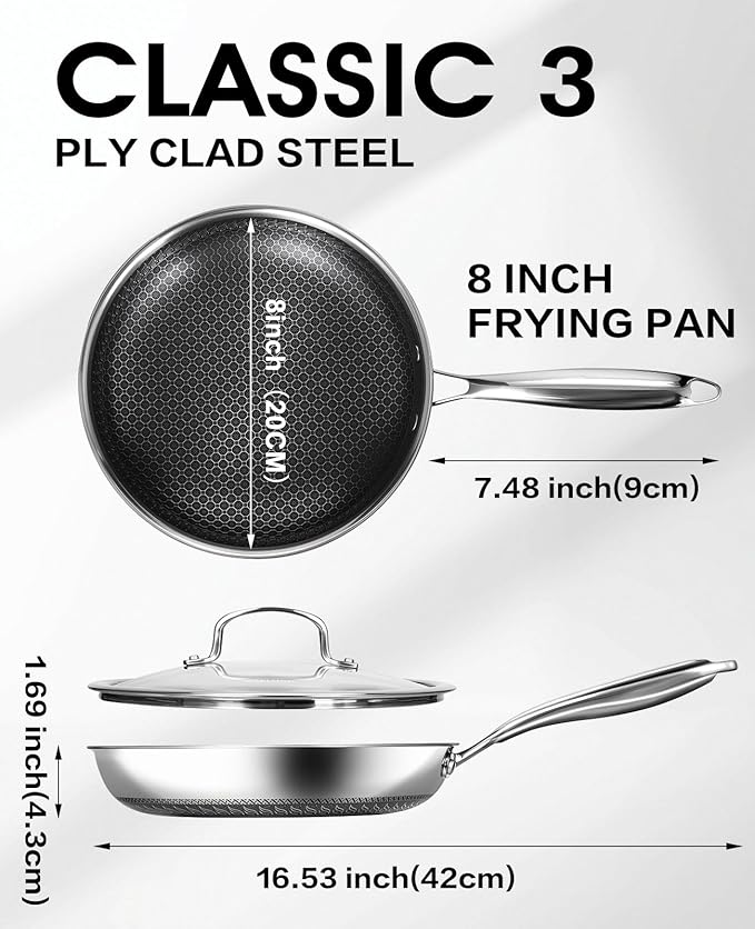 USELUCK Nonstick Frying Pans with Lid,8-Inch Non stick Skillet with Honeycomb Surface,Dishwasher-Friendly,Oven-Safe,PFAS-Free,Compatible with All Cooktops.