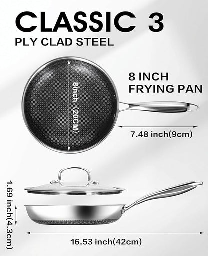 USELUCK Nonstick Frying Pans with Lid,8-Inch Non stick Skillet with Honeycomb Surface,Dishwasher-Friendly,Oven-Safe,PFAS-Free,Compatible with All Cooktops.