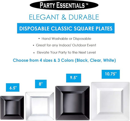Party Essentials Party Supplies Disposable Classic Square Plastic Plates For Wedding/All Occasions, 8", 10-Count, Clear