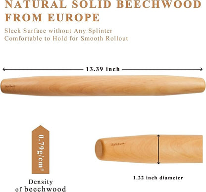 Bamber Wood French Rolling Pin for Baking Small Wooden Rolling Dowel Stick Dough Roller for Cookie Dumpling Pastry Pizza Tortilla, 13.4'' by 1.2''