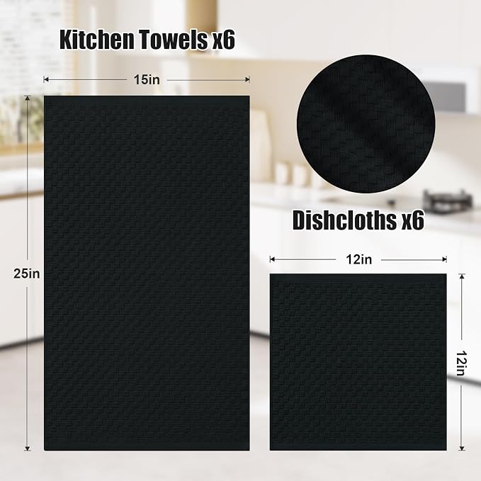 Homaxy 100% Cotton Kitchen Towels and Dishcloths Set, 12 x 12 & 15 x 25 Inches, Set of 12 Bulk Terry Cloth Dish Towels, Super Soft and Absorbent Hand Towel with Hanging Loop, Black