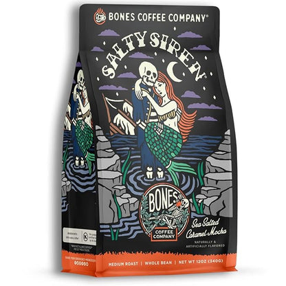 Bones Coffee Company Decaf Salty Siren, Sea Salted Caramel Chocolate Decaffeinated Flavored Coffee, Medium Roast Low Acid Arabica Beans For Auto drip and French Press Coffee Maker, 12 Oz Whole Bean