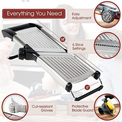 Stainless Steel Mandoline Slicer for Kitchen – 6-Setting Adjustable, 16.5 x 5 In. Platform, Hand Guard, Cut-Resistant Gloves – Vegetable Chopper, Meat Slicer, Cheese Slicer by Medove