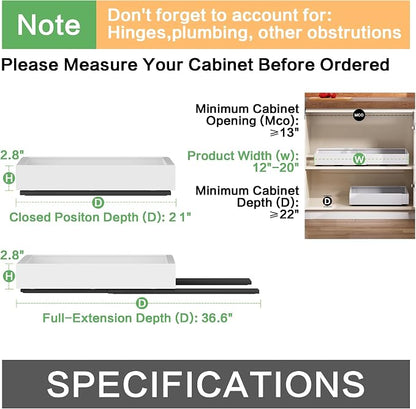 4 Pack Pull out Cabinet Organizer,Extendable (12"-20") Heavy-Duty Pull-Out Drawers (white, 21" Dx12-20 W)
