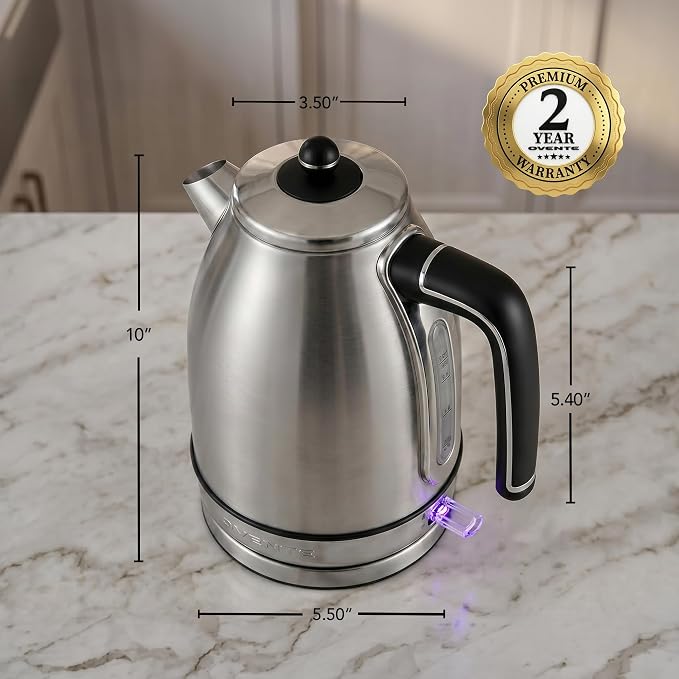 OVENTE 1.7L Electric Kettle, 1500W Fast Boiling Water Heater for Coffee or Tea with Stainless Steel BPA-Free and Cordless Body, Auto Shut-Off, Boil-Dry Protection and Removable Filter, Silver KS777S