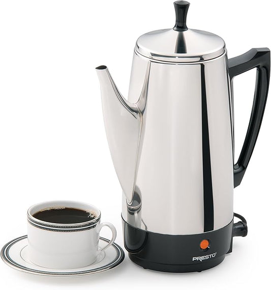 Presto 02811 Stainless Steel Electric Coffee Percolator - 12-Cups, Easy-Pour Spout, Stay-Cool Handle, Make 2-12 Cups