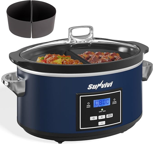 Programmable Slow Cooker, Multi-Cooker with 2 in 1 Silicone Slow Cooker Liners, 6 QT Food Warmer with Digital Timer, 3 Adjustable Temp & Dishwasher Safe Parts, Stainless Steel, Blue