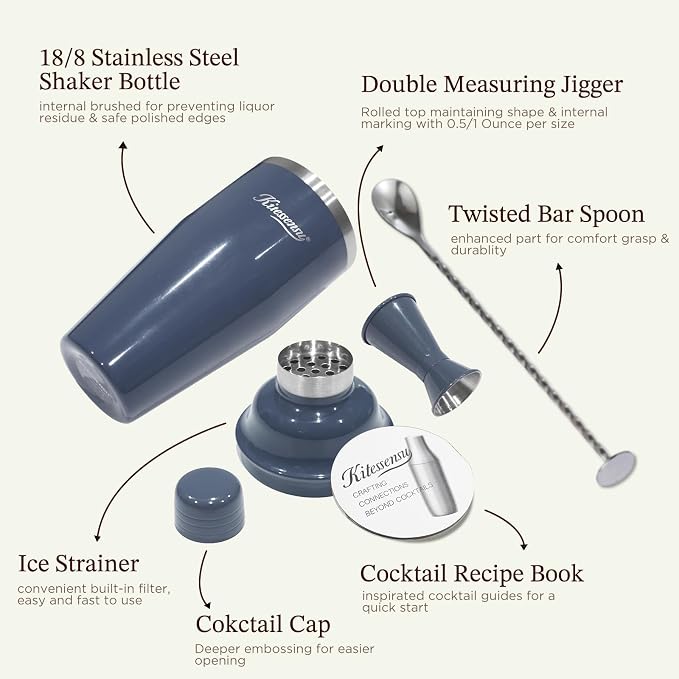 KITESSENSU Cocktail Shaker Set, Stainless Steel Martini Shaker with Bartender Strainer, Measuring Jigger, Bar Mixing Spoon, Cocktail Recipe Included, Navy