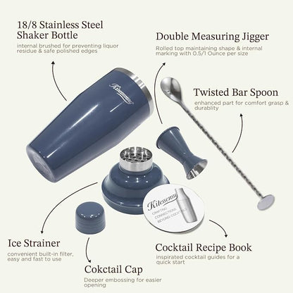 KITESSENSU Cocktail Shaker Set, Stainless Steel Martini Shaker with Bartender Strainer, Measuring Jigger, Bar Mixing Spoon, Cocktail Recipe Included, Navy