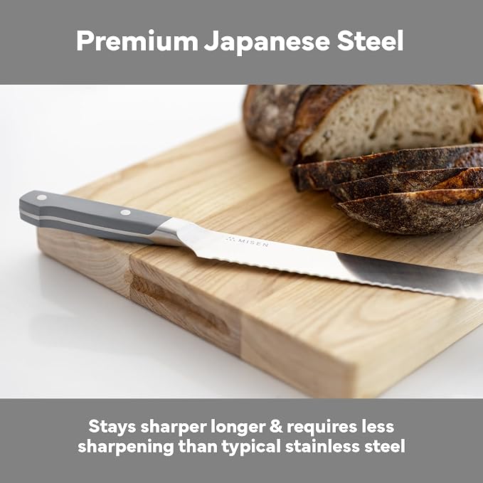 Misen Serrated Bread Knife - High-Carbon Japanese AUS8 Steel - Perfect for Soft Foods, Bread, Pastries, and Fruits - Verstatile Slicer, Razor-Sharp Edge, Durable Blade, Ergonomic Handle - 10", Gray