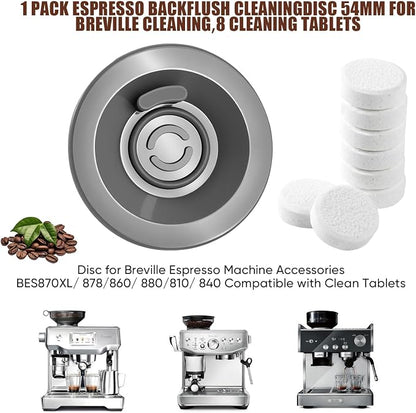 Silicone Espresso Backflush Cleaning Disc 54mm with 8 PCS Cleaning Tablets, Gray Cleaning Kit for Breville BES870XL BES878BSS BES880 BES840XL BES810BSS Espresso Machines