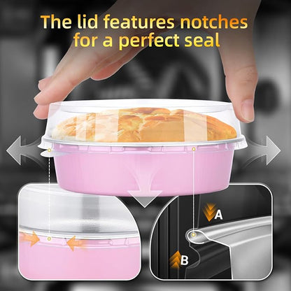 Beasea 7.3oz Mini Pie Pans with Lids, 120 Pack 4 Inch Disposable Creme Brulee Ramekins Small Aluminum Foil Pie Tart Cake Baking Tin Pans Cheesecake Containers for Party - Pastel Pink
