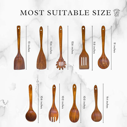 Teak Wooden Utensil Set (9-Piece) – Teak Cooking Utensils for Nonstick Cookware, Teak Wooden Spoons for Cooking & Spatula - Natural Wood Kitchen Utensils by Crafted Path