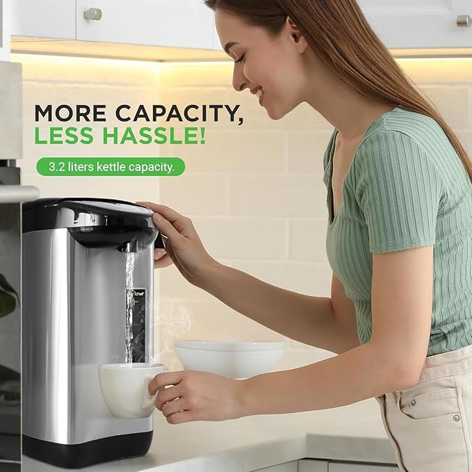 NutriChef Hot Water Urn Pot 3.38 QT, Insulated Stainless Steel Hot Water Dispenser & Boiler, Auto & Manual Dispense, Safety Lock, Electric Kettle
