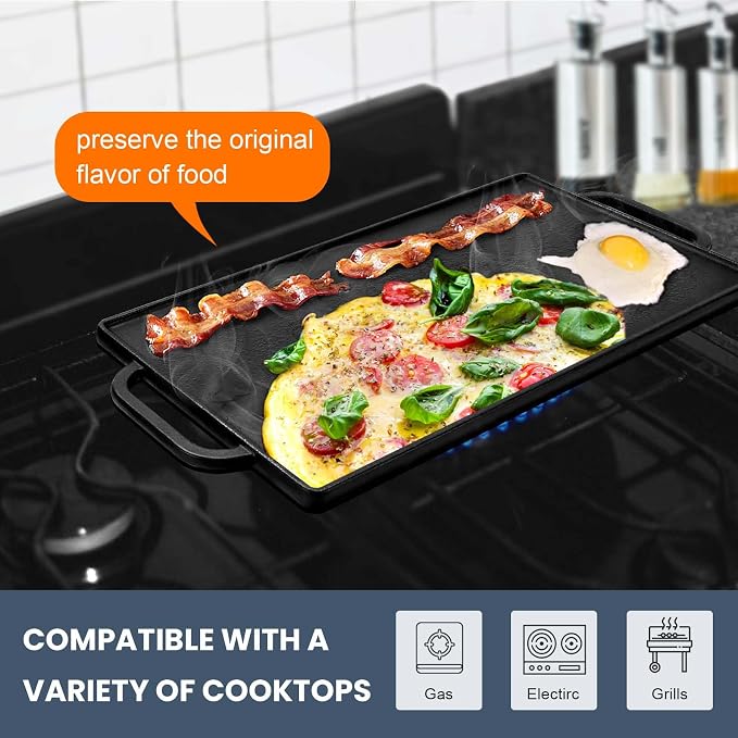 GGC Cast Iron Reversible Grill Griddle for Stove Top, Flat Griddle for Gas Grills, Flat and Ribbed Double-Side to Use, Non-Stick Griddle Plate Top Outdoor Cooking (20" x 9")